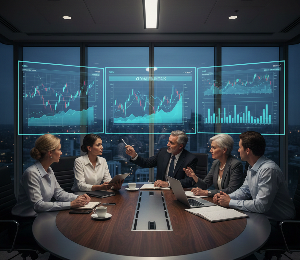 Ejecutivos de familia empresarial analizando gráficos financieros en una sala de juntas moderna con pantallas de datos