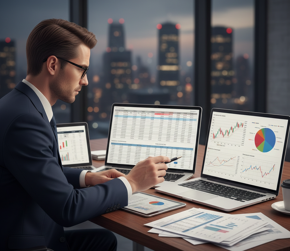 Consultor analizando reportes financieros complejos con tablas de datos, gráficos de tendencias y cartera de inversiones diversificada