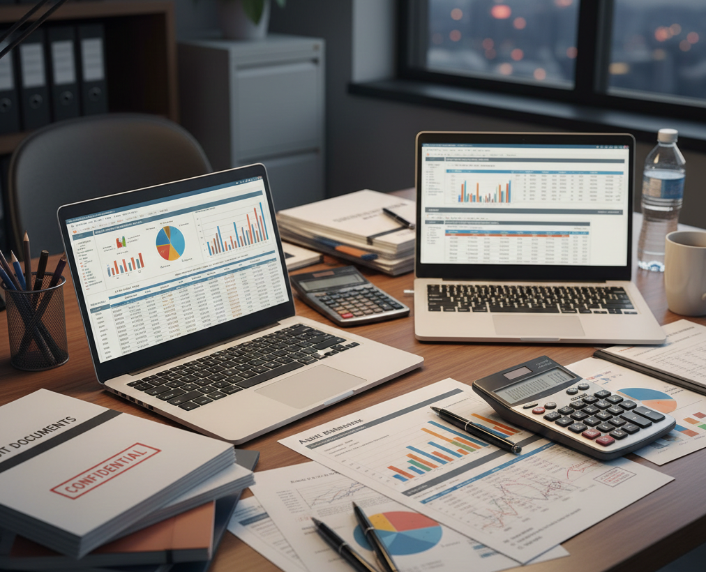 Mesa de trabajo con laptops, documentos de auditoría, calculadoras, gráficos de riesgo y modelos financieros impresos en papel profesional
