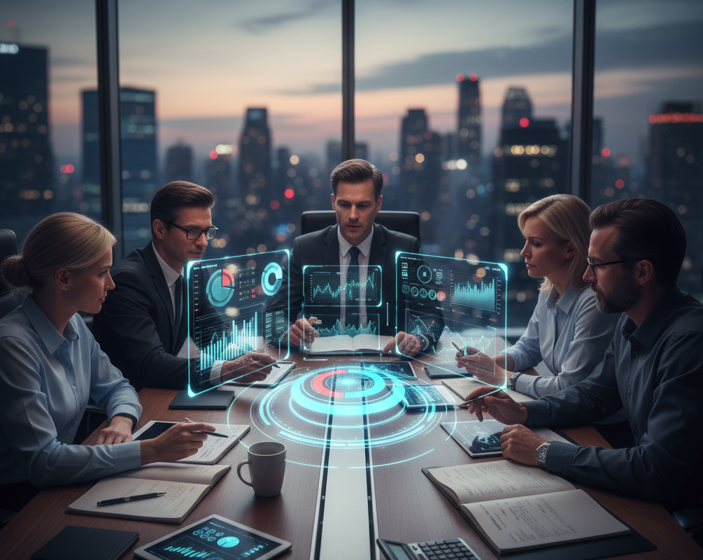 Equipo de consultores financieros en reunión estratégica alrededor de una mesa con tabletas, documentos de análisis y visualizaciones de datos en 3D holográficas
