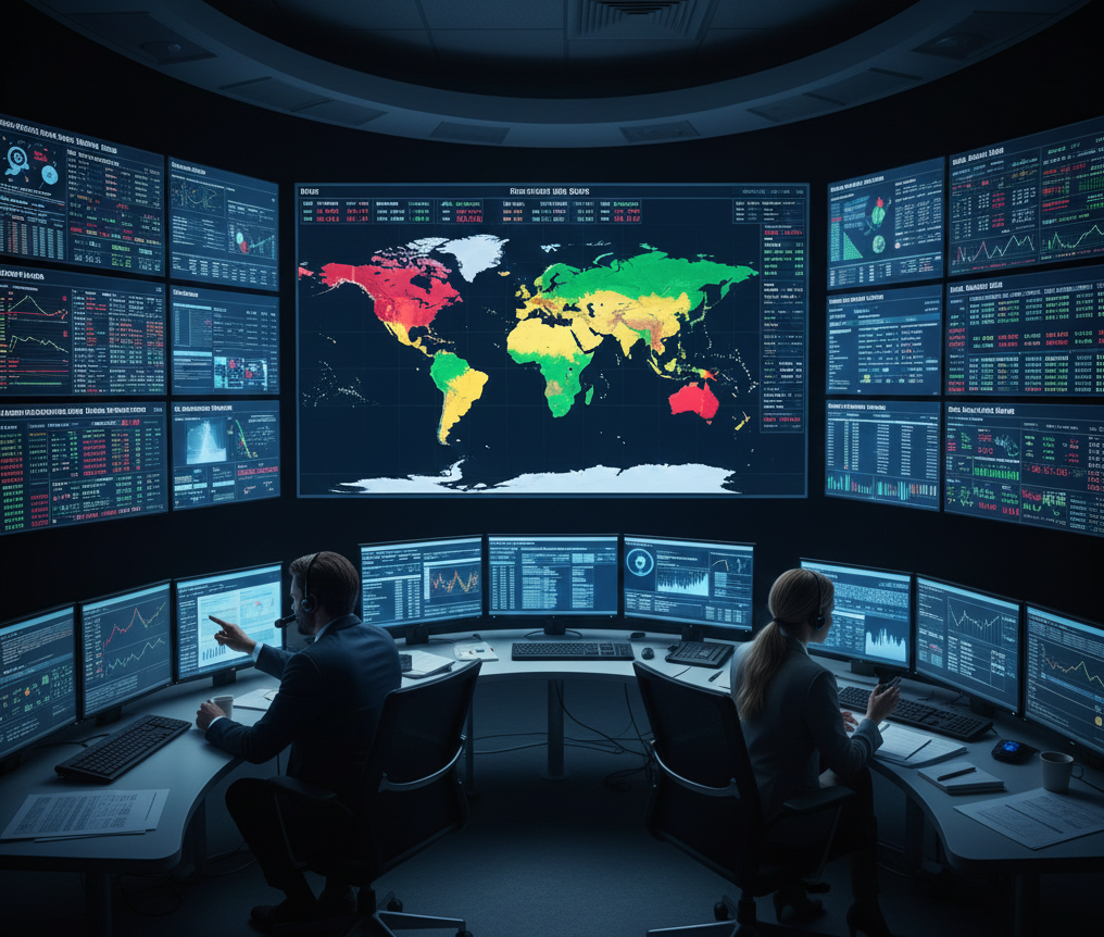 Sala de control financiero con múltiples pantallas mostrando mapas de riesgo en rojo, amarillo y verde, analistas revisando reportes de exposición de riesgos